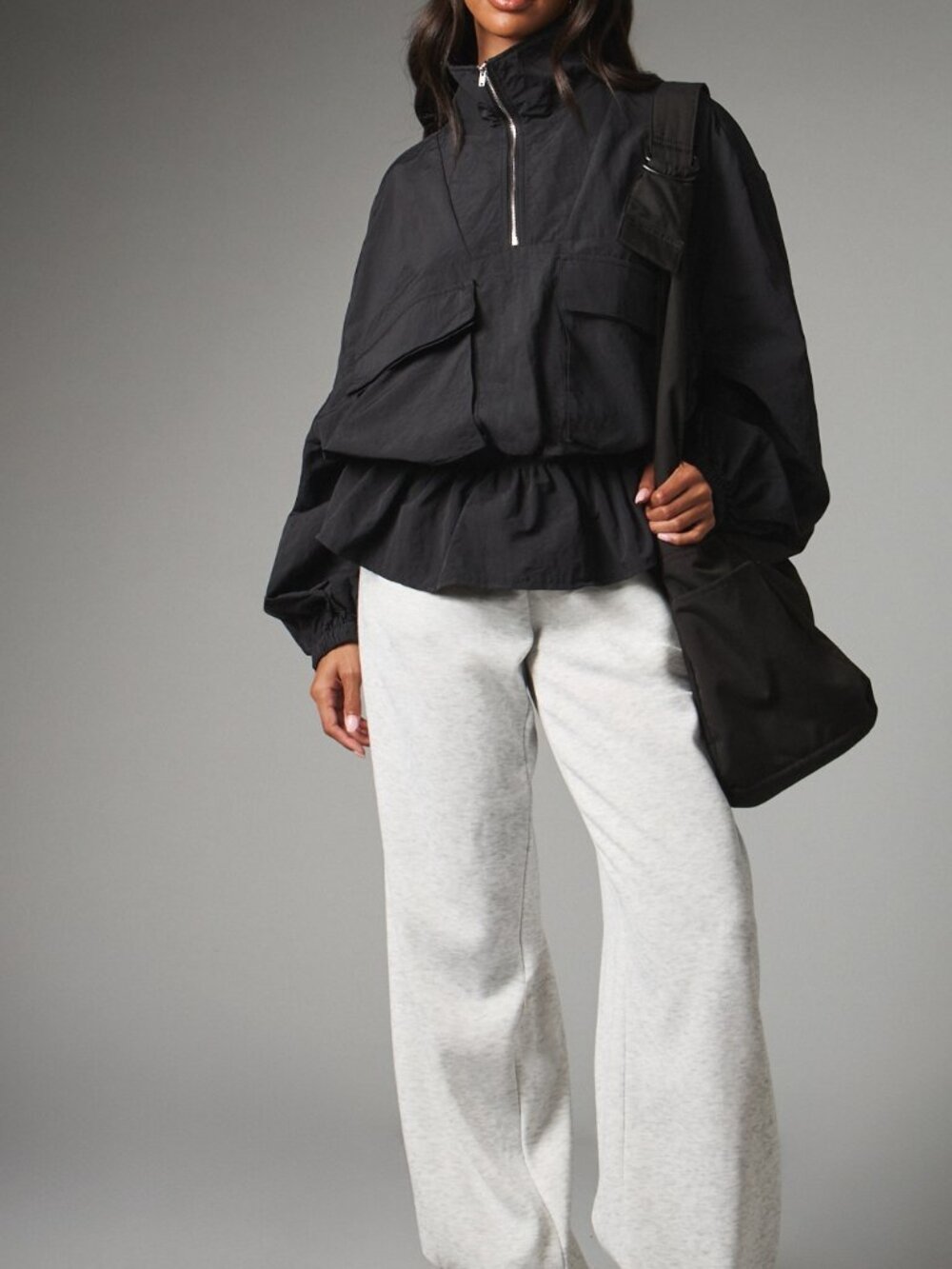 Black Casual Women's Oversized Half-Zip High Neck Pullover Jacket - Picture 5 of 5
